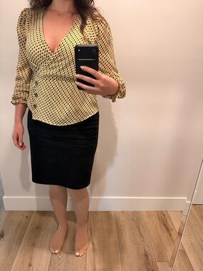 Crave Fame Yellow and Navy Geometric Wrap Peplum Blouse